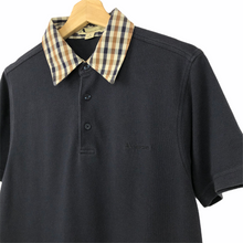 Load image into Gallery viewer, Aquascutum Navy / Check Collar Short Sleeved Polo - Medium (M) PTP 18.75"