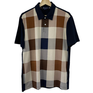 Aquascutum Navy / Block Check Short Sleeved Polo - Large (L) PTP 21.5"