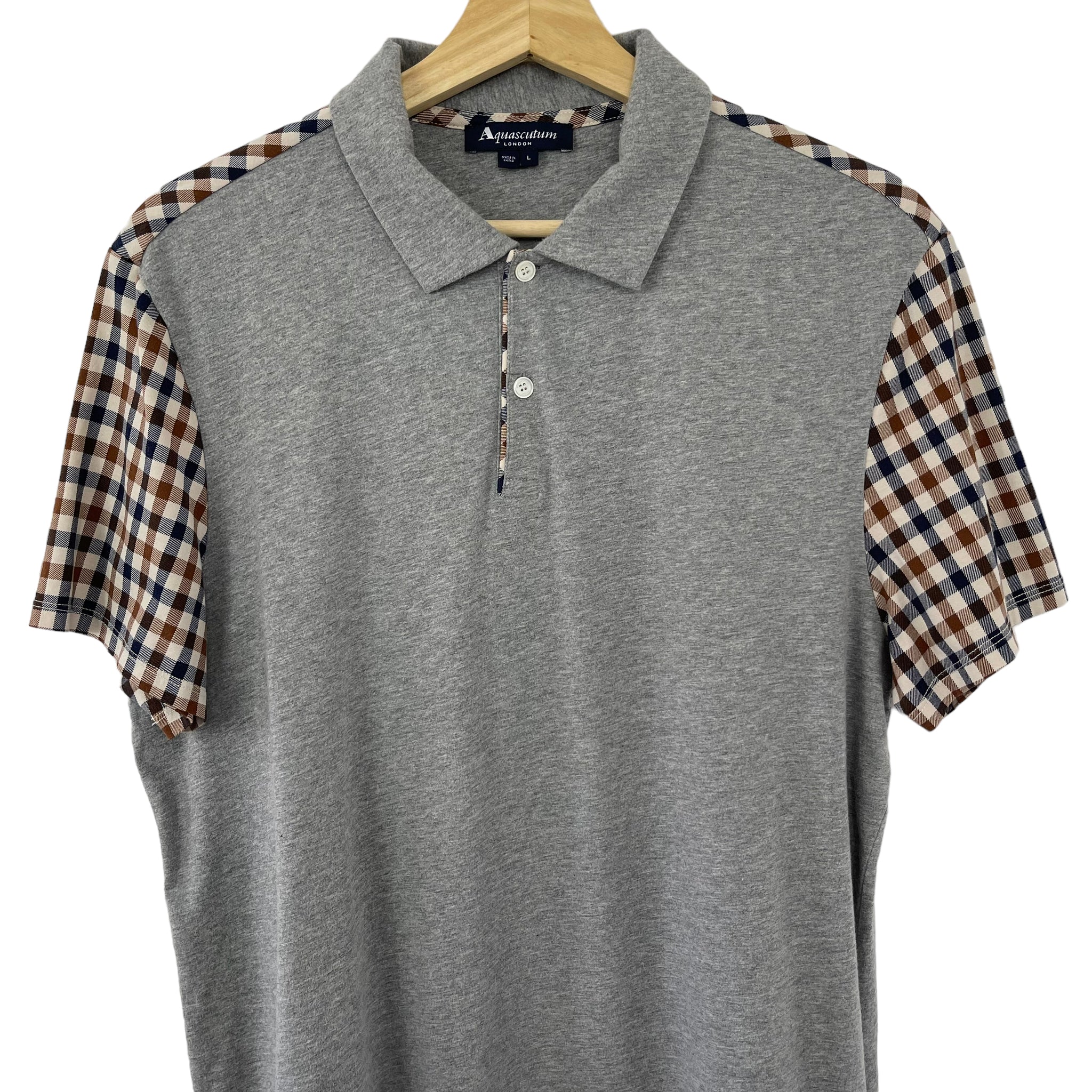 Aquascutum Grey House Check Short Sleeved Polo Large L PTP