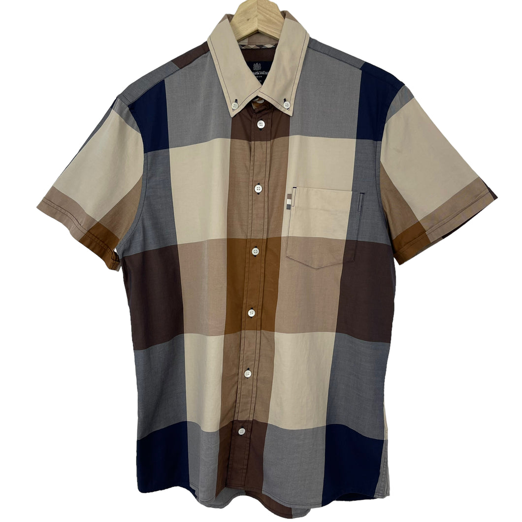 Aquascutum Block Check Short Sleeved Shirt - Medium (M) PTP 21