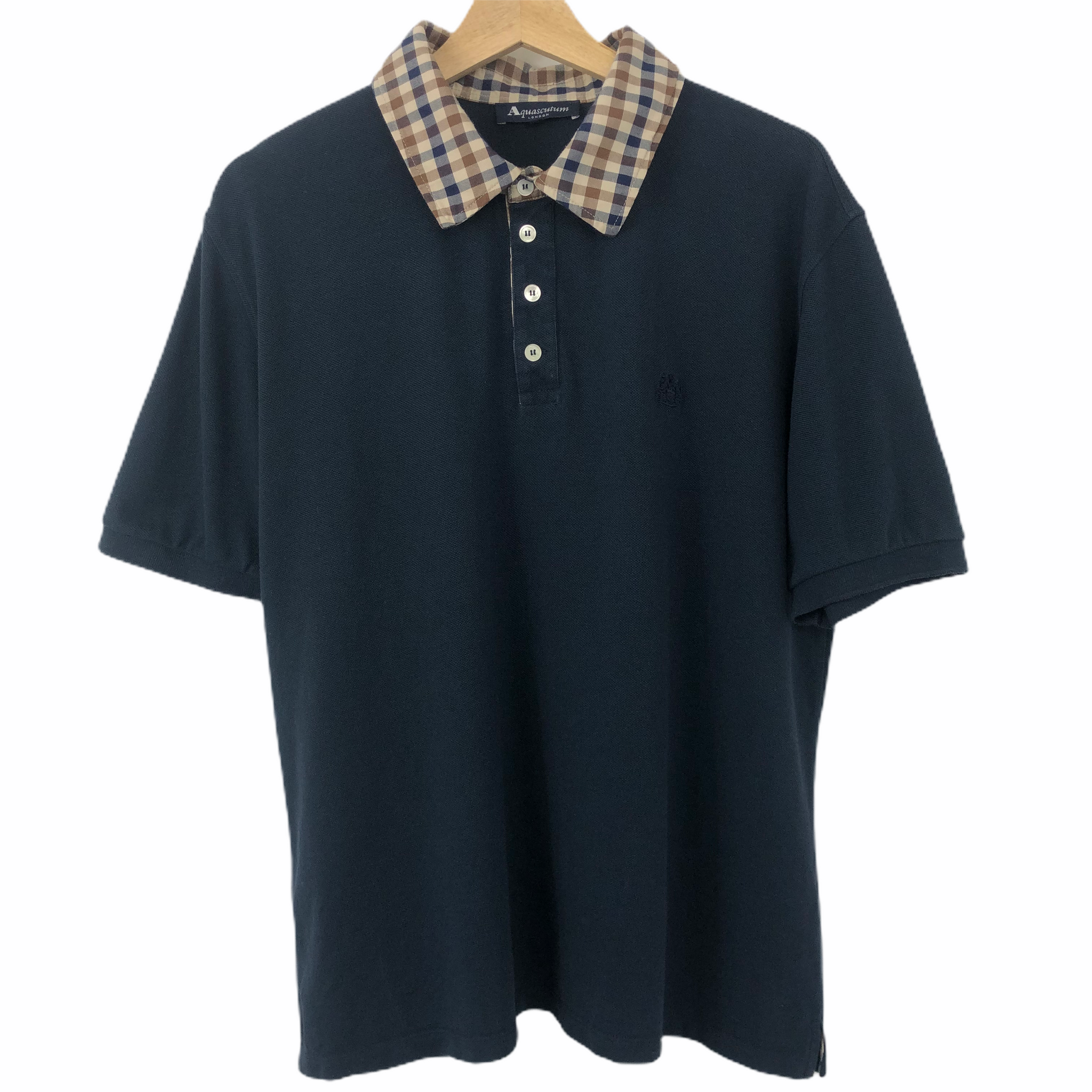 Aquascutum Navy Check Collar Short Sleeved Polo Extra Large