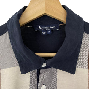 Aquascutum Navy / Block Check Long Sleeved Polo - Medium (M) PTP 22"