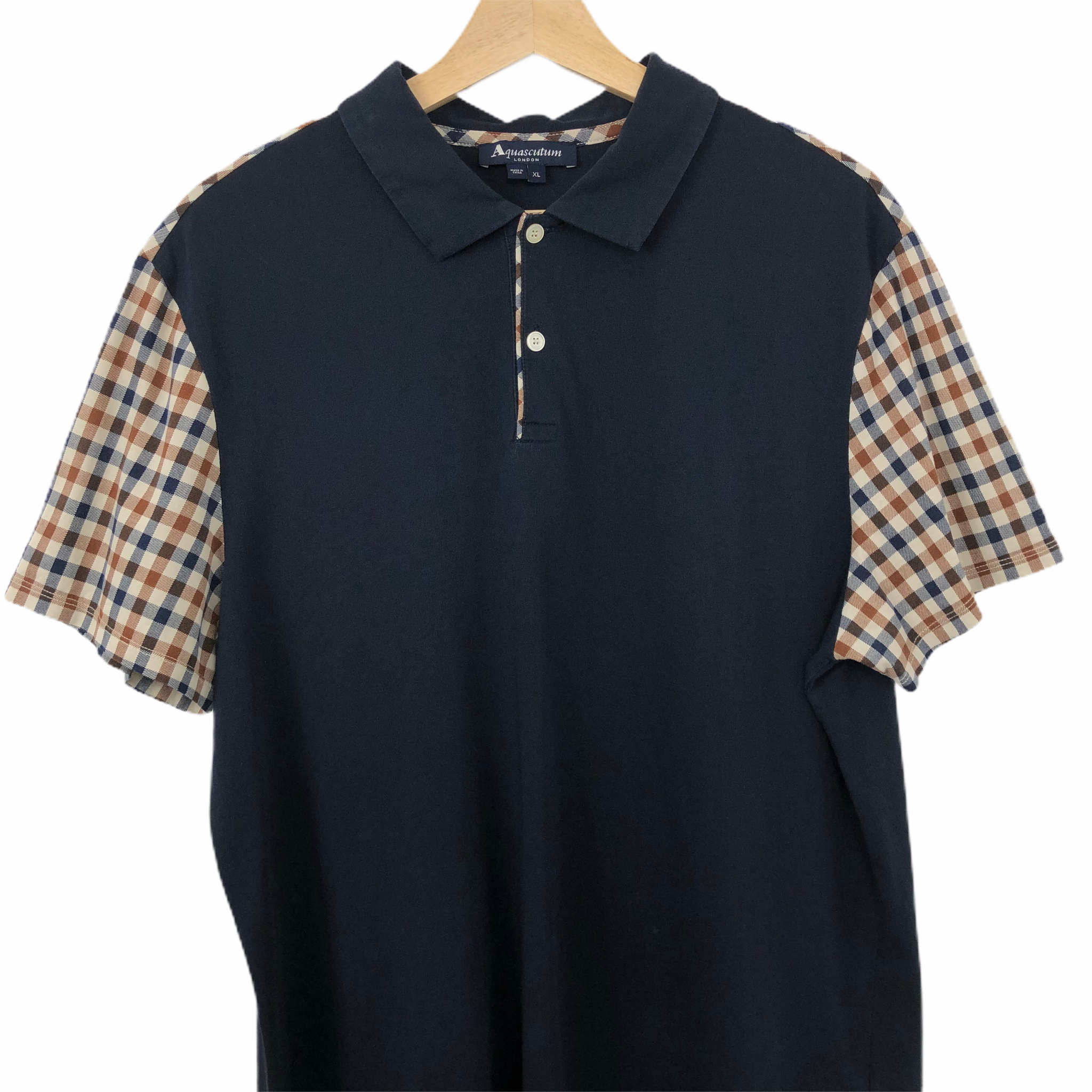 Aquascutum Navy Check Short Sleeved Polo Extra Large XL PTP