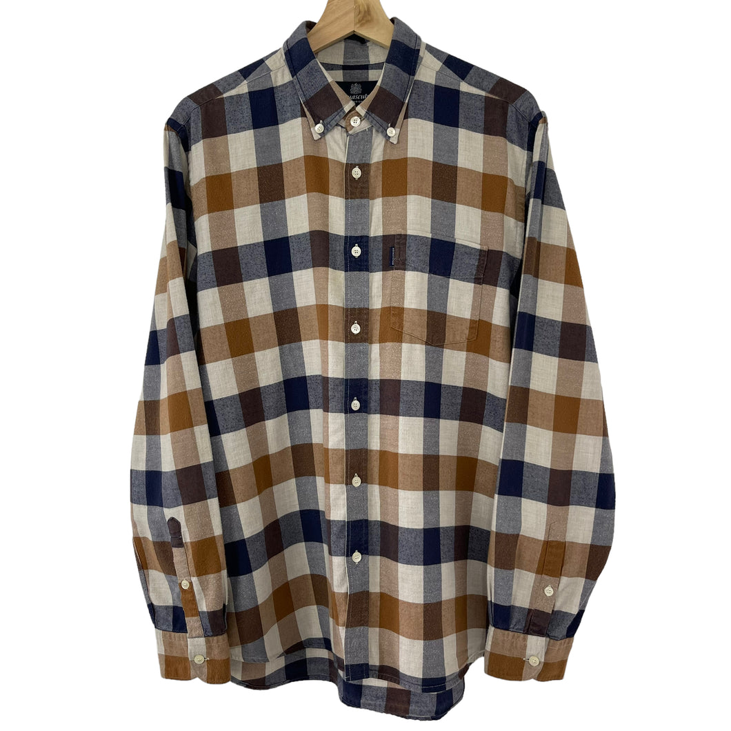 Aquascutum Block Check Flannel Long Sleeved Shirt - Large (L) PTP 22