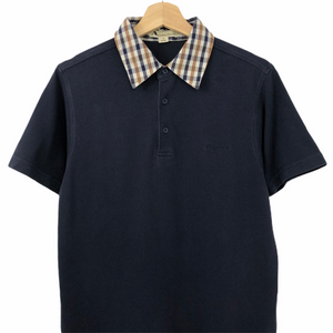 Aquascutum Navy / Check Collar Short Sleeved Polo - Medium (M) PTP 18.75"