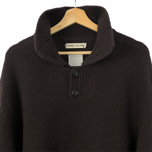 Stone Island Brown Button Up Embroidered Logo Knitted Jumper - Large (L) PTP 25.25"