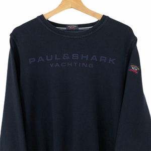 Paul and Shark Navy Crew Neck Spell Out Logo Sweater - Medium (M) PTP 20.5"