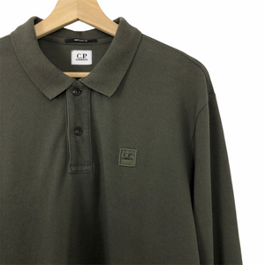 C.P Company Khaki Long Sleeved Logo Patch Polo - Extra Large (XL) PTP 23.5"