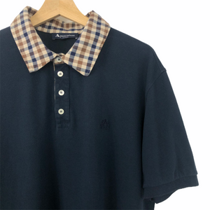 Aquascutum Navy / Check Collar Short Sleeved Polo - Extra Large (XL) PTP 22.5"