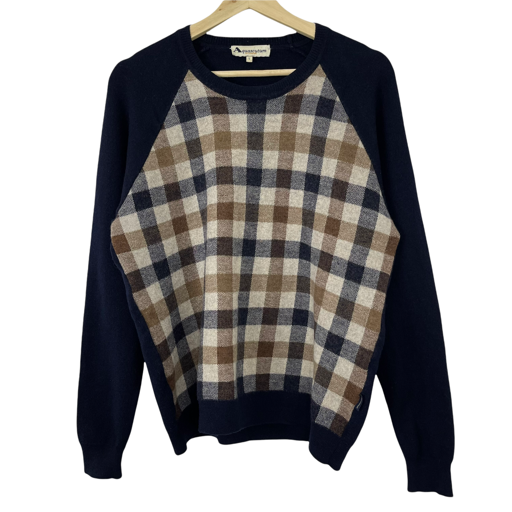 Aquascutum Navy Check Crew Neck Sweater Large L PTP 21