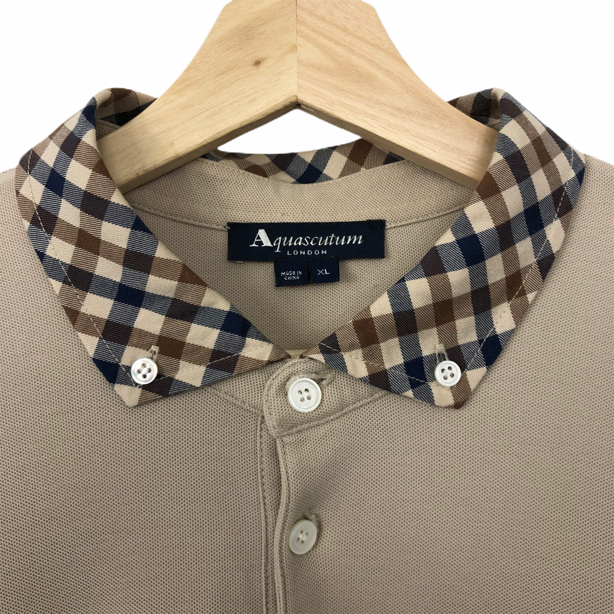 Aquascutum Beige Check Long Sleeved Polo Extra Large XL PTP