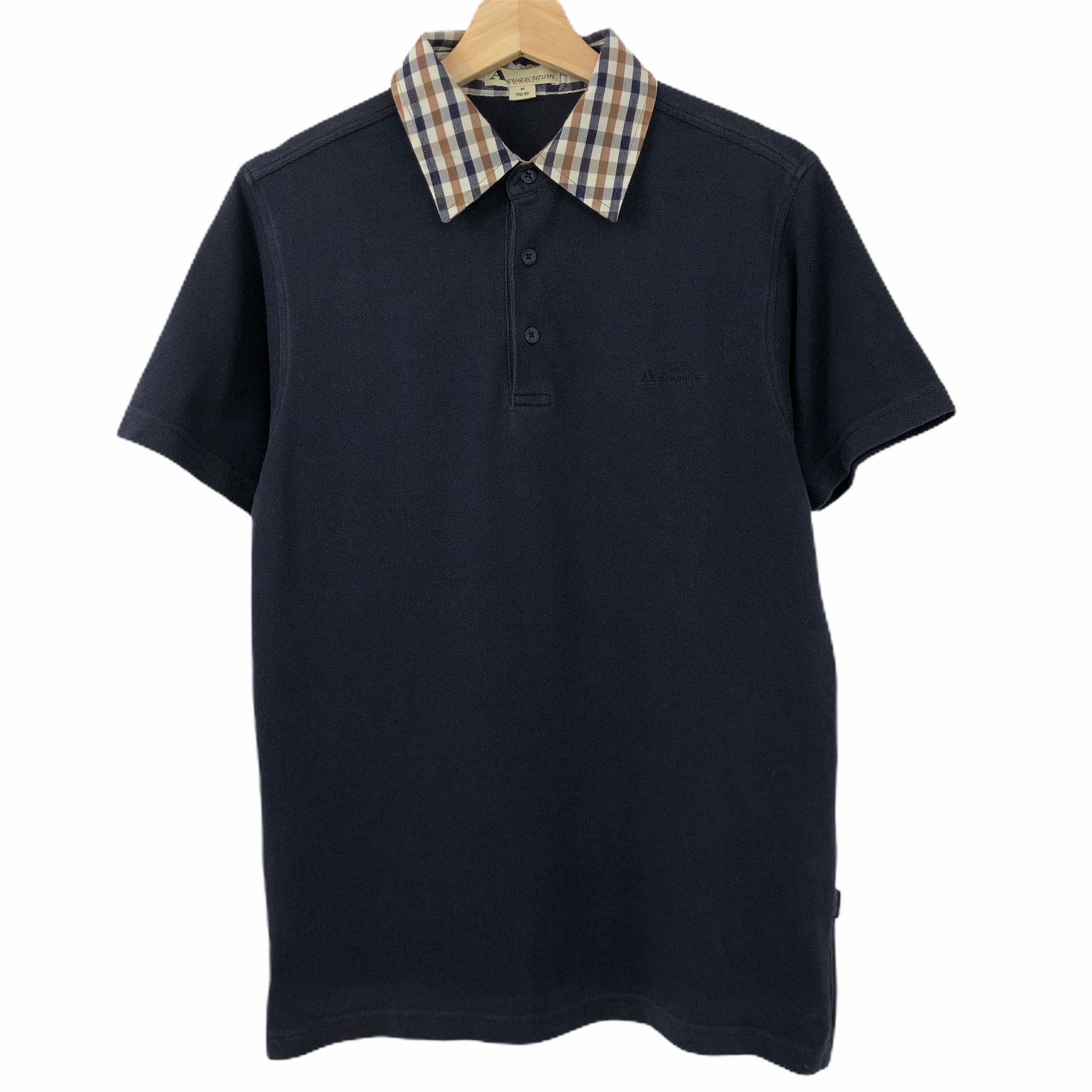 Aquascutum Navy Check Collar Short Sleeved Polo Medium M PTP