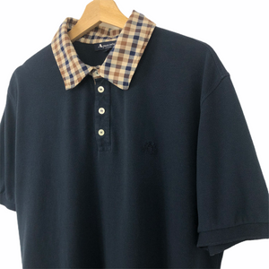 Aquascutum Navy / Check Collar Short Sleeved Polo - Extra Large (XL) PTP 22.5"