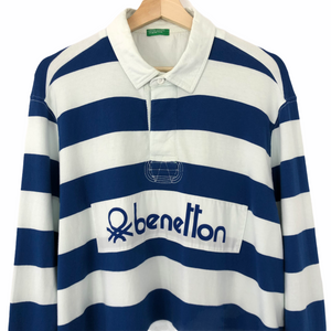 Benetton White / Blue Striped Long Sleeved Rugby Shirt - Extra Large (XL) PTP 24.25"