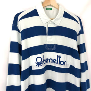 Benetton White / Blue Striped Long Sleeved Rugby Shirt - Extra Large (XL) PTP 24.25"