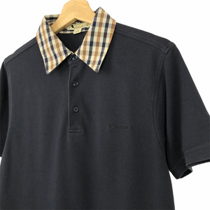 Aquascutum Navy / Check Collar Short Sleeved Polo - Medium (M) PTP 18.75"