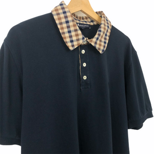 Aquascutum Navy / Check Collar Short Sleeved Polo - Extra Large (XL) PTP 22.5"