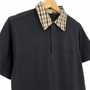 Aquascutum Navy / Check Collar Short Sleeved Polo - Medium (M) PTP 18.75"