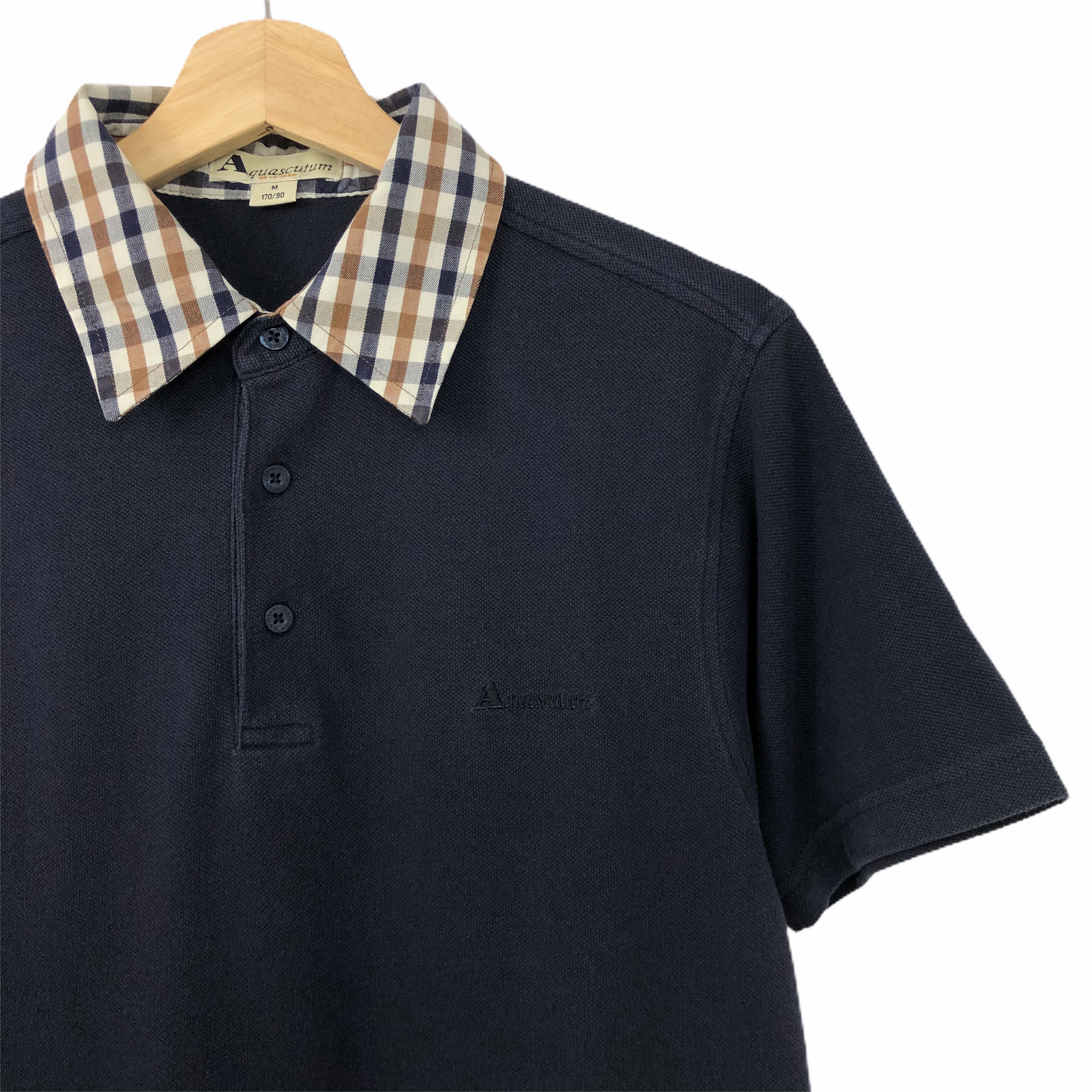 Aquascutum Navy Check Collar Short Sleeved Polo Medium M PTP