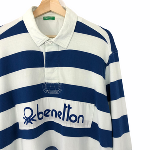 Benetton White / Blue Striped Long Sleeved Rugby Shirt - Extra Large (XL) PTP 24.25"