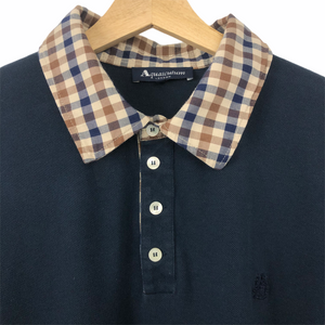 Aquascutum Navy / Check Collar Short Sleeved Polo - Extra Large (XL) PTP 22.5"