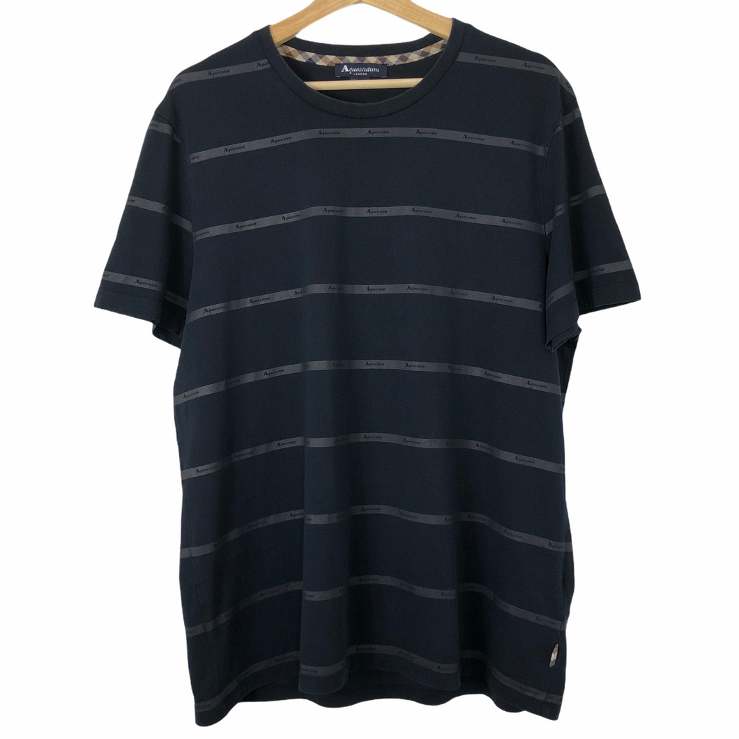 Aquascutum Navy Striped Short Sleeved Logo T-Shirt - Extra Large (XL) PTP 22.5