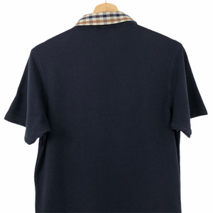 Aquascutum Navy / Check Collar Short Sleeved Polo - Medium (M) PTP 18.75"