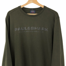 Load image into Gallery viewer, Paul and Shark Khaki Crew Neck Spell Out Logo Sweater - Large (L) PTP 21.25&quot;
