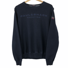 Load image into Gallery viewer, Paul and Shark Navy Crew Neck Spell Out Logo Sweater - Medium (M) PTP 20.5&quot;
