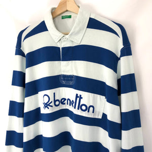 Benetton White / Blue Striped Long Sleeved Rugby Shirt - Extra Large (XL) PTP 24.25"