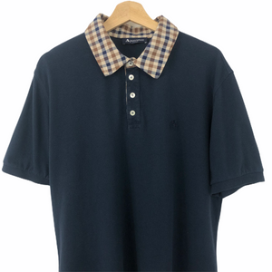 Aquascutum Navy / Check Collar Short Sleeved Polo - Extra Large (XL) PTP 22.5"