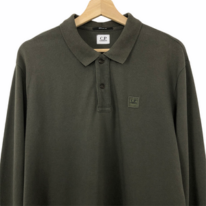 C.P Company Khaki Long Sleeved Logo Patch Polo - Extra Large (XL) PTP 23.5"