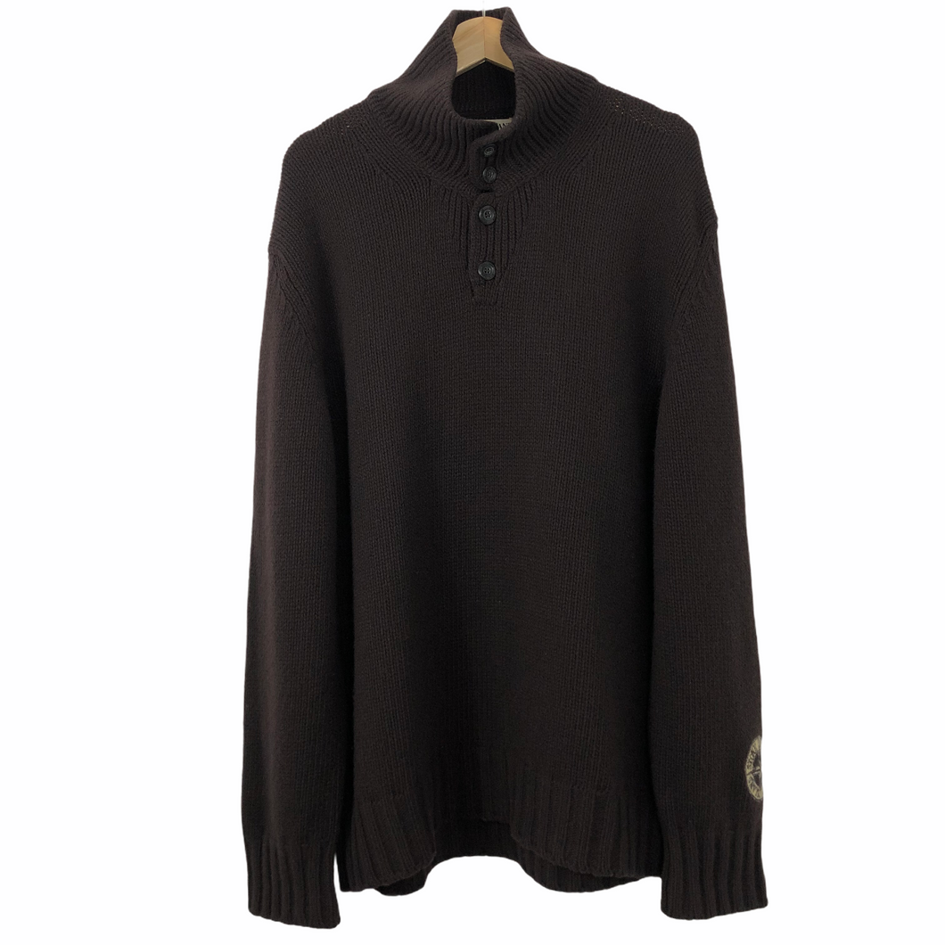 Stone Island Brown Button Up Embroidered Logo Knitted Jumper - Large (L) PTP 25.25