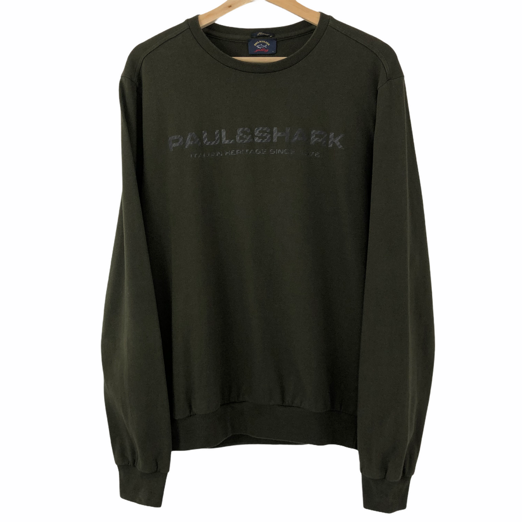 Paul and Shark Khaki Crew Neck Spell Out Logo Sweater - Large (L) PTP 21.25