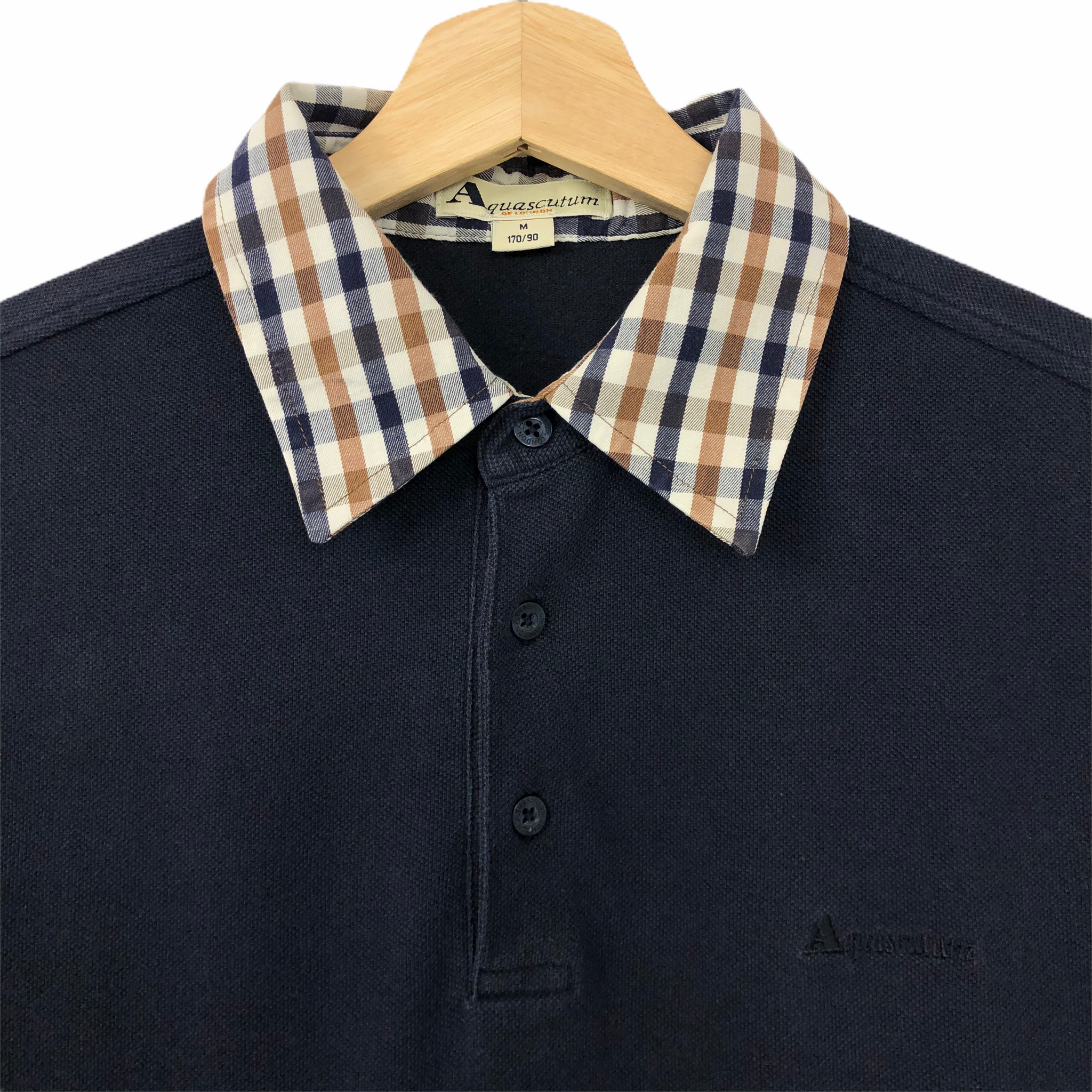 Aquascutum Navy Check Collar Short Sleeved Polo Medium M PTP